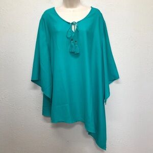 Catherines Tunic Top Womens 3X Petite Turquoise Blue 3/4 Sleeve Tassel